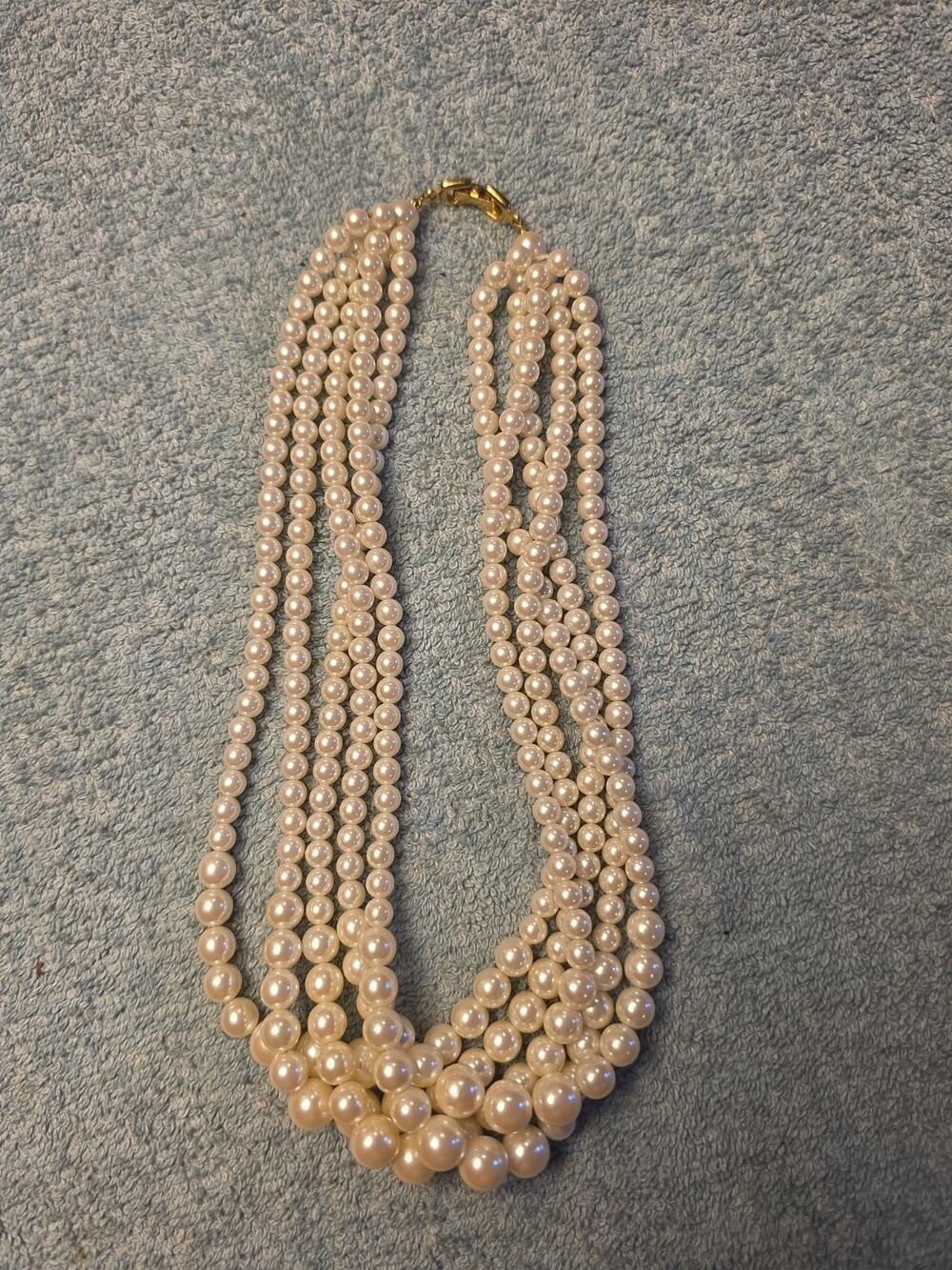 Vintage Multi Strand Faux Pearl Necklace Gold Tone Clasp Chunky Statement...